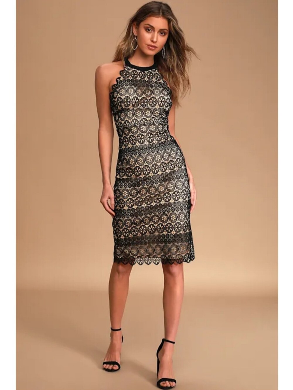 NWT Lulus Black Crochet Lace Halter Bodycon Midi Dress - Small